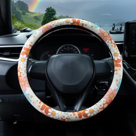 Boho 7 Color Flowers Steering Wheel Cover Auto Steering Wheel Protector, Anti-Slip, Breathable, Absorbing Sweat, Universal Car Accessories 14.5–15 inch,Fit for Most Car, Trucks, SUV