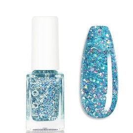Glitter Nail Polish - Lake Blue Sparkly Iridescent Rainbow Mermaid Blue Shimmer - Glitter Nail Varnish No Need Led UV Curing Required High Pigments for Home Manicure Nail Art