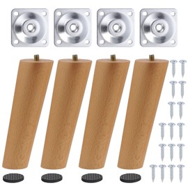 Moendergo Pack of 4 Wooden Furniture Legs, Replacement Sofa Legs, Couch Legs, Table Legs, Dresser Legs with Screws, Mounting Plate and Non-Slip Protection (15 cm)