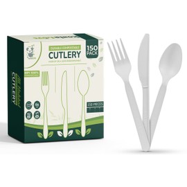 100% Compostable cutlery knives forks spoons 150 Large Disposable Biodegradable Compostable Utensils Durable HeavyDuty Silverware heat resistant alternative to plastic with convenient tray 150pc 7inch