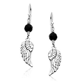 Nenalina Silver women's earrings with angel wings and onyx balls, 6 mm, black, 925 sterling silver, long earrings for women, 222227-005, Sterling Silver, Onyx