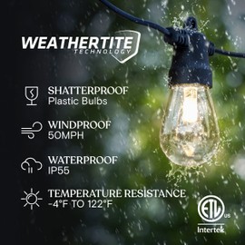 Brightech Ambience Pro Solar Powered Outdoor String Lights - Commercial Grade Patio Lights with 48 Ft Edison Bulbs - Shatterproof LED Solar Lights for - 1W LED, Warm White Light
