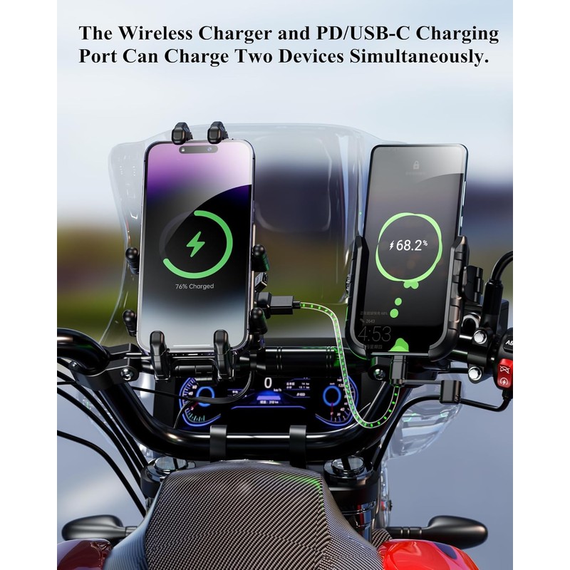 BRCOVAN Motorcycle Phone Mount with Qi Wireless & USB-C Charger