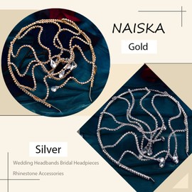 NAISKA Rhinestone Headband Wedding Tiara Fashion Headpieces Forehead Jewelry Head Chain Crystal Headpiece Bridal Hair Accessories Birthday Party Jewelry for Women and Girls (Gold)