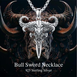 PELOVNY Bull Necklace 925 Sterling Silver Bull Sword Pendant Bull Head Jewelry for Fathers Day Birthday Christmas Gifts Men Women