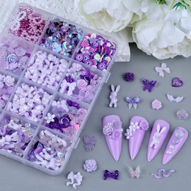 Umillars 400pcs Butterfly Bow Bear Snake Rabbit Moon Heart Rose Flowers Nail Art Charms with 450pcs Special Shape Flatback Rhinestones and Polymer Slices for Nail Art Designs (Purple)