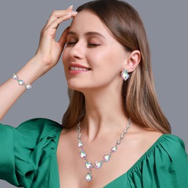 EleQueen 4 Pieces Gold Plated Iridescent Clear AB Rhinestone Crystal Teardrop Necklace Earrings Bracelet Rings Sets Gift for Women