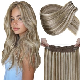 LaaVoo Wire Hair Extensions Human Hair Brown Highlight Wire Extensions Human Hair 16 Inch Light Brown Highlight Platinum Blonde Fish Line Hair Extensions Human Hair Invisible One Piece 80g