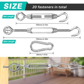 IIRC Pack of 10 Stainless Steel Rope Tensioners M4 + 10 Carabiner Hooks, Adjustable Wire Rope Tensioner, Steel Cable Tensioner for Fence, Sun Sail, Curtain Rope