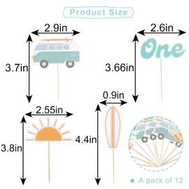 The Big One Cupcake Toppers - Retro Surfer Theme First Birthday Decor Set of 12pcs,Ocean Themed Cupcake Tops Surf Board Sun Retro Van Big One,1st Birthday Party Decorations,Photo Props for Summer