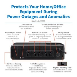 Tripp Lite 850VA UPS Desktop Battery Backup and Surge Protector, 450W, 5 Outlets, Home & Office UPS, Small Form Factor, Wall Mounting Option, 5ft Cord, 3-Year Warranty (BC850R)