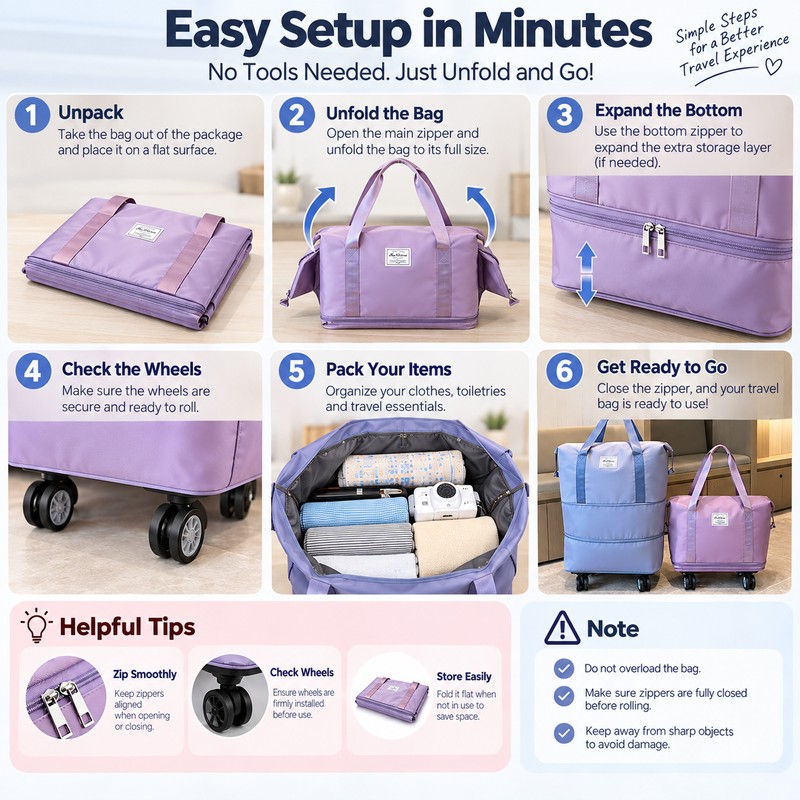Rolling Travel Storage Bag for Trips – Foldable Adjustable Design