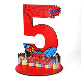 Spider 5th Birthday Centerpiece Decoration, Wooden Number 5 Table Topper with Spider Web Design Ideal for Kids Birthday Themed Events Party Supplies & Photo Props