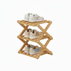 Foldable Shoe Rack, Bamboo Vertical Shoe Organizer Tall for Small Spaces. Multifunctional Narrow Shoe Shelf for Entryway, Closet, Corner, Bedroom, Hallway, Wood Color 3 Layers