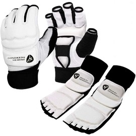 Taekwondo Sparring Set Gloves Hand Foot Protector for Men Women Kids, Taekwondo Sparring Gear Adult Children for Martial Arts Punch Bag Kickboxing Foot Guards Karate Training Boxing (White, S)