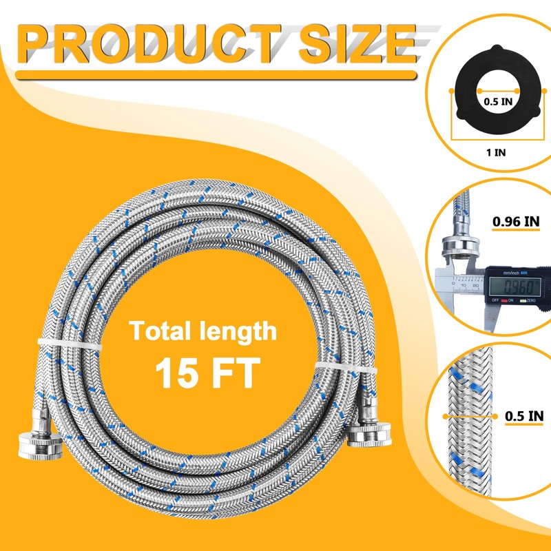 Cenipar 15FT LONG Washing Machine Hoses Straight Stainless Steel Burst