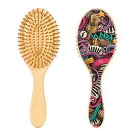 Paddle Brush Hair Brush, Round Wooden Pins Air cushion comb, Scalp massages Detangling Hair Hairbrush for Smoothing Hair Print Music Symbols Guitar Piano Doodles Colorful