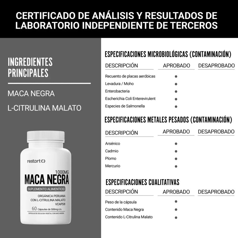 Restart Maca Negra Orgánica Peruana Citrulina Black 1000mg Por Porción