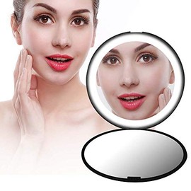 Espejo de Maquillaje Iluminado de Doble Cara, Aumento 10X con LED, Espejo Cosmtico Plegable y Porttil, 4 Colores Disponibles (Negro)                  