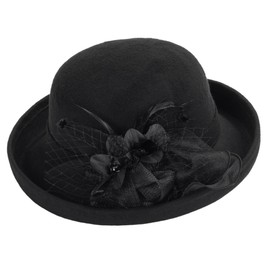 Women-Felt-Bowler-Fedora-Hat with Floral-Fascinator for Kentucky-Church-Derby-Wedding-Party Black