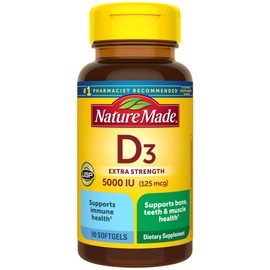 Nature Made Nature Made Extra Strength Vitamin D3 5000 IU (125 mcg), Dietary Supplement for Bone, Teeth, Muscle and Immune Health Support, 90 Softgels, 90 Day Supply