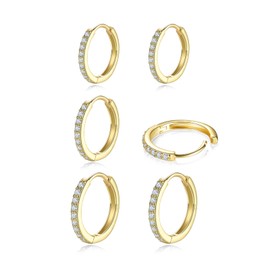 Gold Hoop Earrings for Women 3 Pairs Sterling Silver Cubic Zirconia Small Gold Hoop Earrings, Huggie Hoops Sleeper Earrings, 8 10 12mm