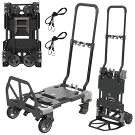 2-in-1 Folding Hand Truck, 330LBS Capacity Heavy Duty Dolly with Retractable Handle, 4 Wheels and 2 Wheels Convertible Dolly Cart, Utility Luggage Cart with 2 Elastic Ropes (Grey, Without Basket)