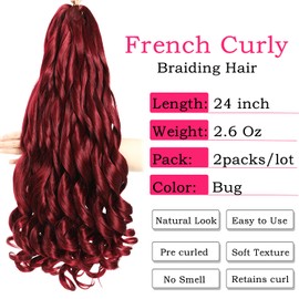 French Curly Braiding Hair 24 Inch Burgundy Color - Pre Stretched Bouncy Braiding Hair- Loose Wavy Braiding Hair Synthetic Hair Extensions For Black Women (24 inch 2 packs, Burgundy)