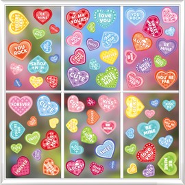 9 Sheet Valentine's Day Window Clings Romantic Conversation Heart Window Decals Double-Sided Candy Heart Window Decor for Valentine's Day Home Office School Decor Party Supplies