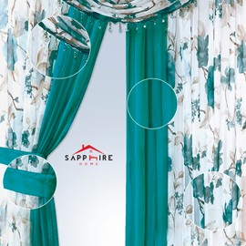 Sapphire Home Floral Sheer Curtains - 4 Panels Set with Valance, 63" Long, Light Filtering Privacy Voile Window Curtains for Living Room, Bedroom, Kitchen, Dining Room - Turq Blossom/Turq