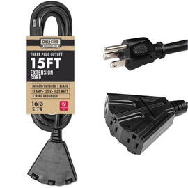 Cablectric 3 Outlet Black Extension Cord 15 ft, 16/3 SJTW Weatherproof Outdoor Extension Cord with Multiple Outlets 3 Prong, Heavy Duty Exterior Power Cable for Outside, Landscaping & Lawn