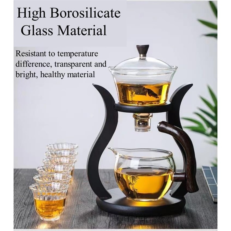 Lazy Kungfu Drip Teapot Magnetic Semi-Automatic Glass Teapot Wooden Glass