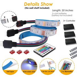 3-Pack Shelf Lights, Upgrade Battery Operated 20inch Led Strip Lights with Remote, Color Change with Timer Floating Shelves LED Wall Lights, DIY Led for Bedroom, Kitchen, Indoor Room Decor