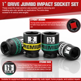 KIRXST 1" Drive Jumbo Impact Socket Set, SAE Axle Nut Sockets, 9-Piece (1-2 in.) Drive Deep Impact Socket Set, 6-Point, Cr-V Steel, Universal Hex Deep Socket Set with heavy Duty Storage Case