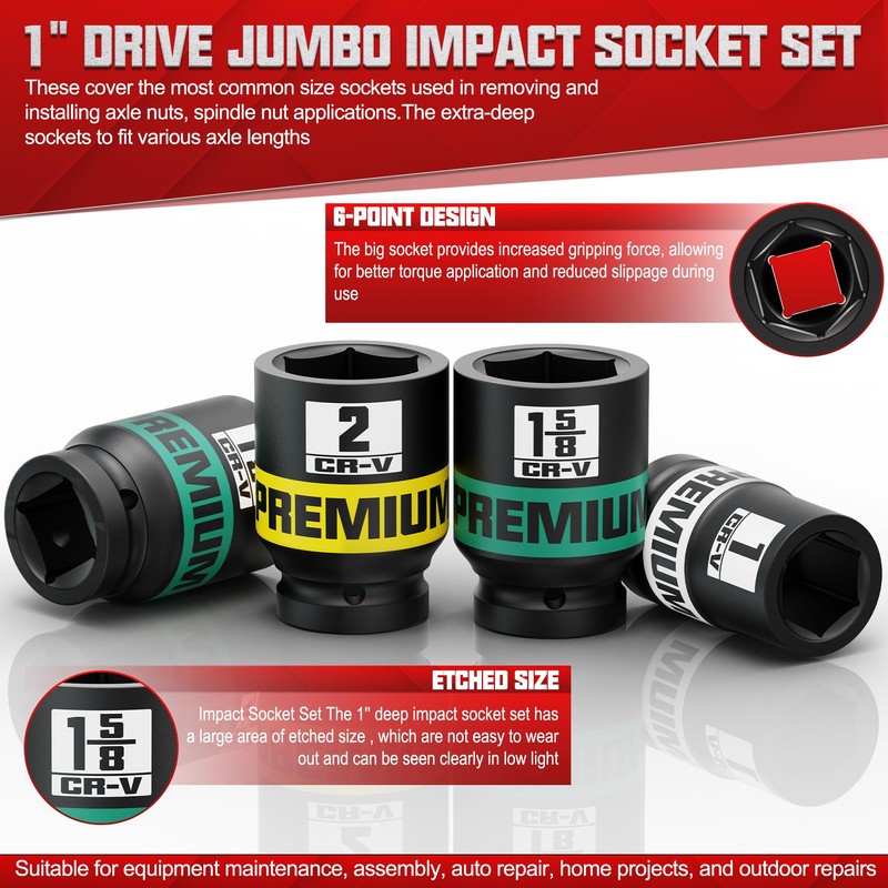 KIRXST 1" Drive Jumbo Impact Socket Set, SAE Axle Nut