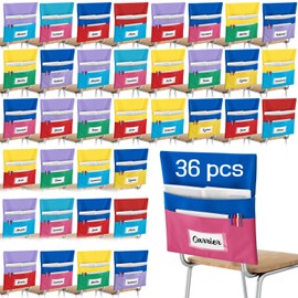 Chapou 36 Pieces Chair Pockets Seat Storage Classroom 12 Colors Chair Organizer with Name Tag Slot for School, Classroom, Home, Group Team Organizers, 18 x 16.5 Inch
