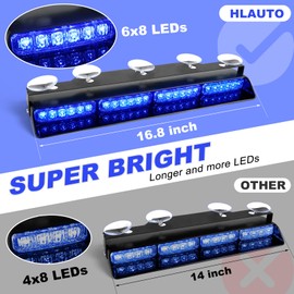 HLAUTO 6Z4J Emergency Dash Strobe Lights: 2x16.8 inch Blue Safety Lights, 48 LED Flashing Warning Hazard Interior Windshield Visor Traffic Light Bar for Trucks, Construction Vehicles