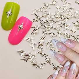 ONPRESS 1000Pcs Silver Star Nail Art Charms 3D Alloy Metallic Studs Nail Charms Retro Mini Cute Six Pointed Star Nail Decorations for Acrylic Nails Supplies DIY Nail Art Decoration Accessories