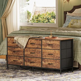 Huuger 9 Drawer Dresser, 47 Inch Dresser TV Stand for 50, 55 Inch TV, Entertainment Center with Drawers, Fabric Dresser Chest of Drawer for Bedroom, Closet, Rustic Brown