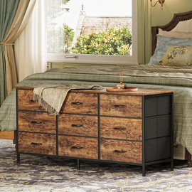 Huuger 9 Drawer Dresser, 47 Inch Dresser TV Stand for 50, 55 Inch TV, Entertainment Center with Drawers, Fabric Dresser Chest of Drawer for Bedroom, Closet, Rustic Brown