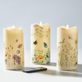 Eywamage Fiber Optic Flameless Pillar Candles with Remote Set of 3, Butterfly Floral Spring LED Candles Battery Operated Φ 3" H 6"