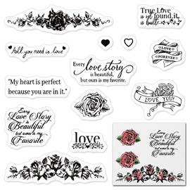 Flower Clear Stamps for Card Making, Valentine Heart Love Words Frame Clear Rubber Stamps for Holiday Card Making Decoration DIY Scrapbooking Transparent Album Decor Paper Craft
