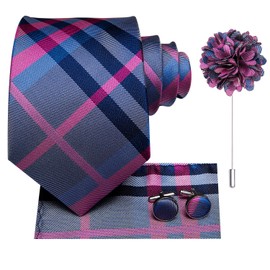 Hi-Tie Mens Tie Lapel Pin Set Pocket Square Cufflinks Woven Silk Ties for Men Wedding Formal,Purple Pink Plaid