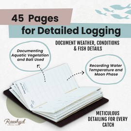 RAW HYD Fishing Log Book Journal (Brown, 45 Pages) - Durable Full Grain Leather Fishing Logbook - Compact & Portable Hand-Stitched Fishing Notebook for the Avid Angler - Ideal Men's Fishing Gifts
