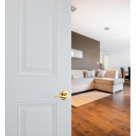 Kwikset Balboa Dummy Door Handle, Single Sided Lever for Closets, French Double Doors, and Pantry, Polished Brass Non-Turning Right Handed Interior Push/Pull Lever