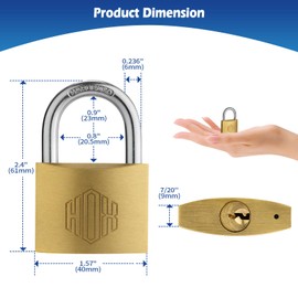 HOX Solid Brass Keyed Different Padlock with 1-9/16-Inch Wide Body, Brass Cylinder - for Hasp Latch, Sheds, Fences, Storage Locker, 6-Pack