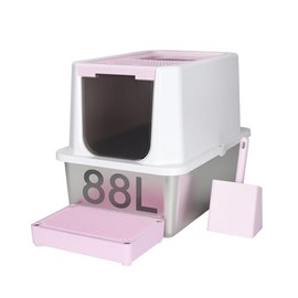 RIZZARI Stainless Steel Cat Litter Box, Semi-Enclosed Litter Box with Raised Edges, Anti-Leakage & Odorless, Large Litter Box for Small to Large Sized Cats (Pink, Raised, Closed Type)
