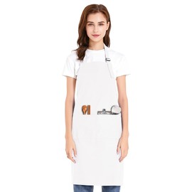 TOPTIE Unisex Cotton Canvas Adjustable Chef Kitchen Aprons with 2 Pockets-White-XL