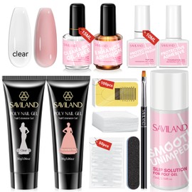 Saviland Poly Gel Nail Kit - 30g Clear & Pink Brown Gel Extensions Nail Kit Slip Solution Nail Art Brush Nail Dihydrator Nail Acid Free PH Bond Dual Foam Nail Art Starter Kit for Women Home Nail Salon