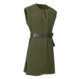 JIEFULL Mens Medieval Costume Viking Pirate Tunic Knight Sleeveless Lace up Shirts Renaissance Warrior Tops Without Belt(L,Army)